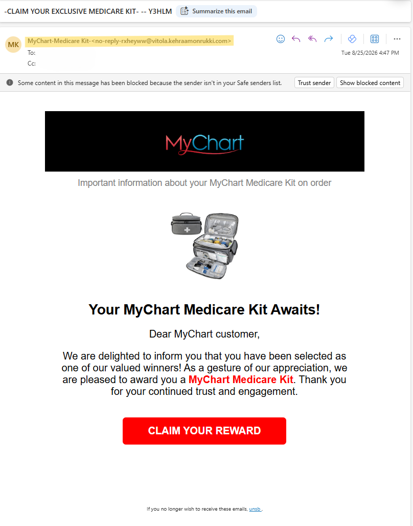 Medicare Scam Email Screen Capture
